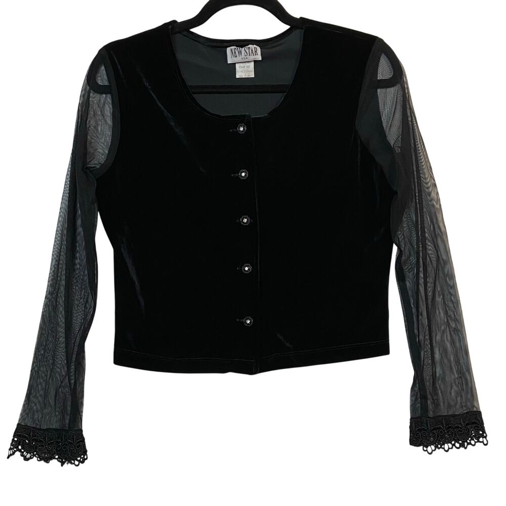 Whimsygoth Romantic Goth Witchy Black Velvet Sheer Mesh Sleeve Lace Cuff Size M